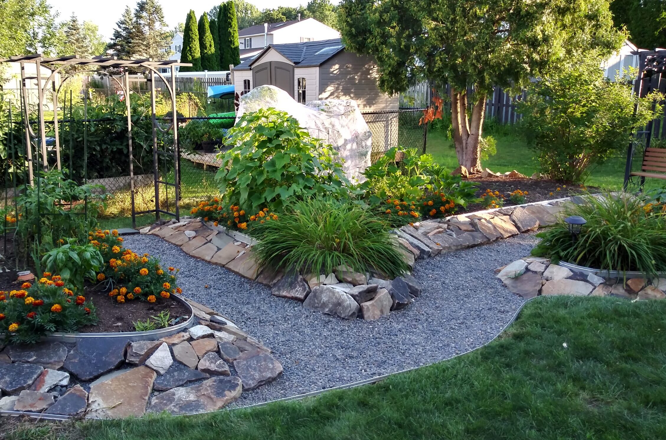 Gardening and landscaping services; rip rap stone border; garden bed; stonework; aluminum edging; Syracuse, NY; Onondaga County; permaculture; edibles; Such a Lush; Lawn and Garden; plantscapes